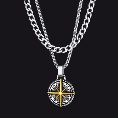 Curb Chain & Polaris Compass Pendant Layered Necklaces Set for