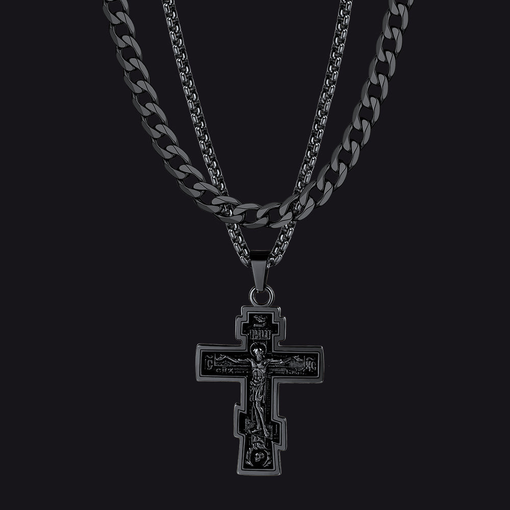 Cuban Chain & Russian Orthodox Cross Pendant Necklace Set for Father