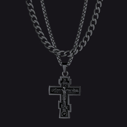 Cuban Chain & Russian Orthodox Cross Pendant Necklace Set for Father