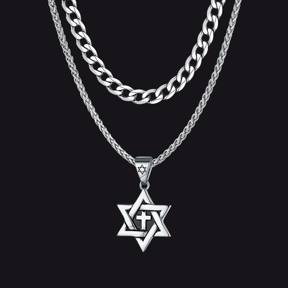 Curb Chain & Star of David With Cross Layered Necklaces Set for