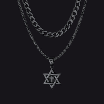 Curb Chain & Star of David With Cross Layered Necklaces Set for