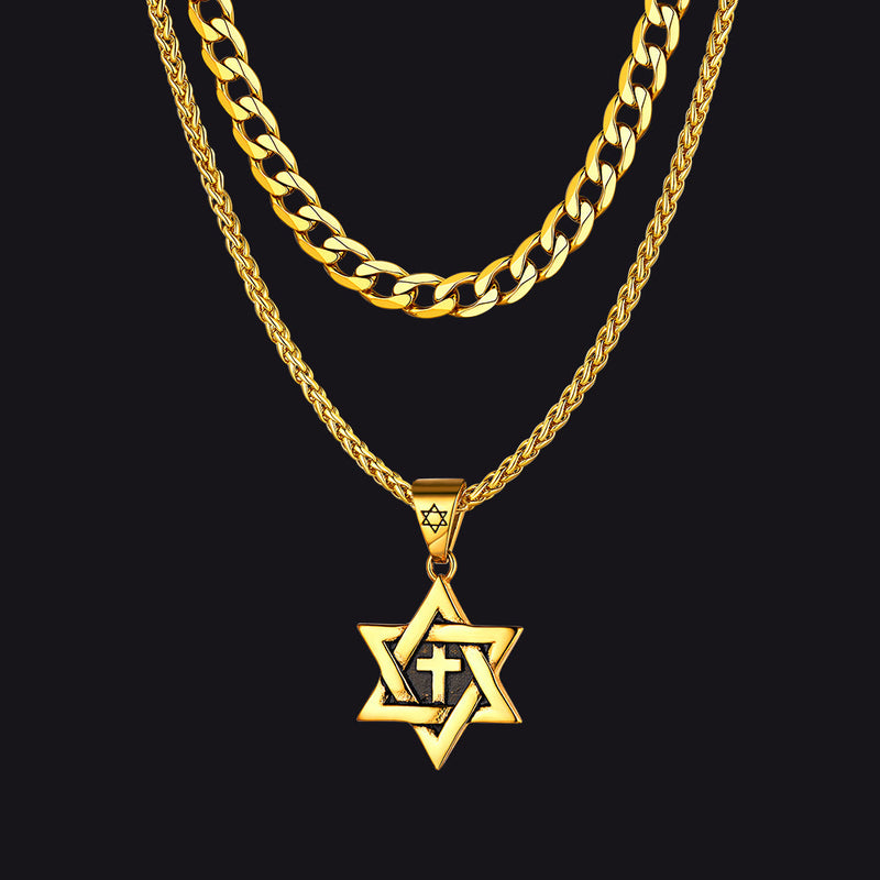 Curb Chain & Star of David With Cross Layered Necklaces Set for