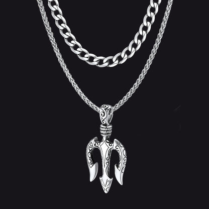 Poseidon Trident & Curb Chain Layered Necklaces Set for