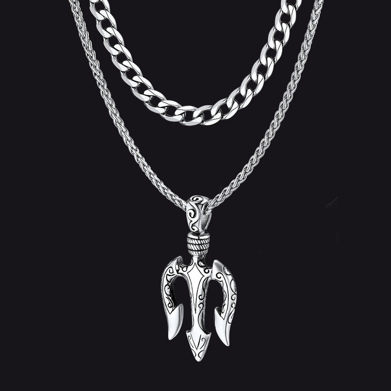 Poseidon Trident & Curb Chain Layered Necklaces Set for