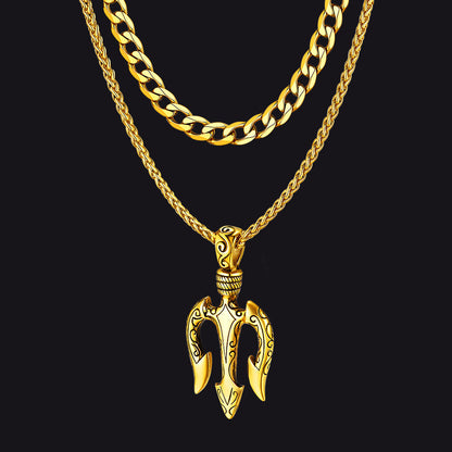Poseidon Trident & Curb Chain Layered Necklaces Set for