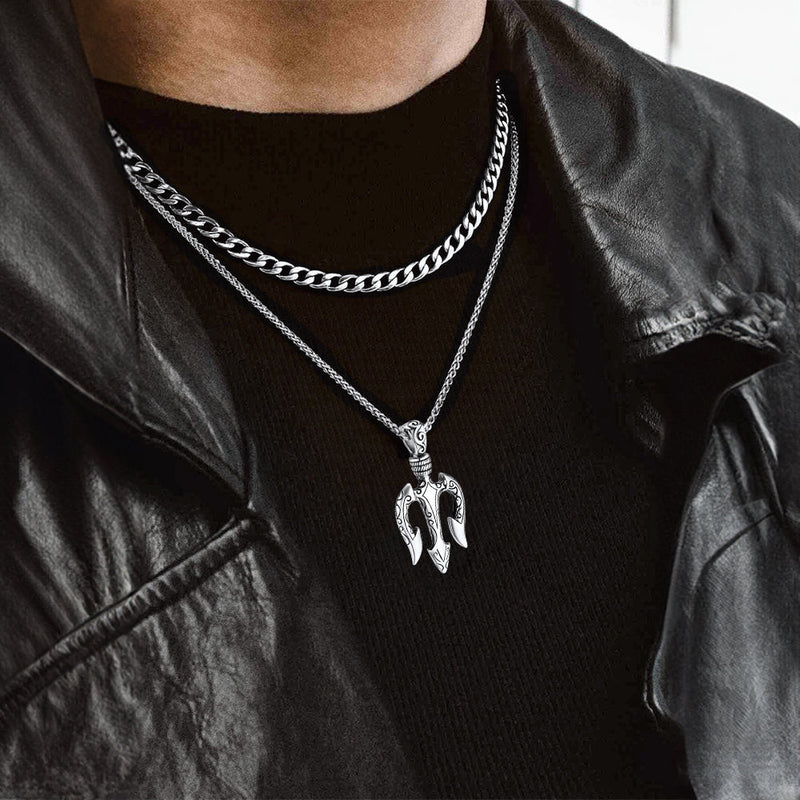 Poseidon Trident & Curb Chain Layered Necklaces Set for