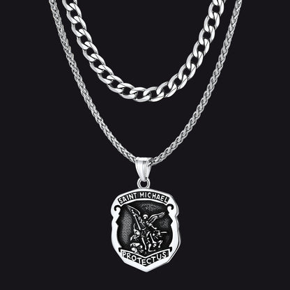 Cuban Chain & Saint Michael Necklace Layered Set for