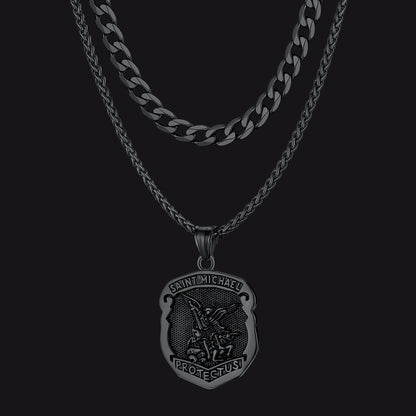 Cuban Chain & Saint Michael Necklace Layered Set for