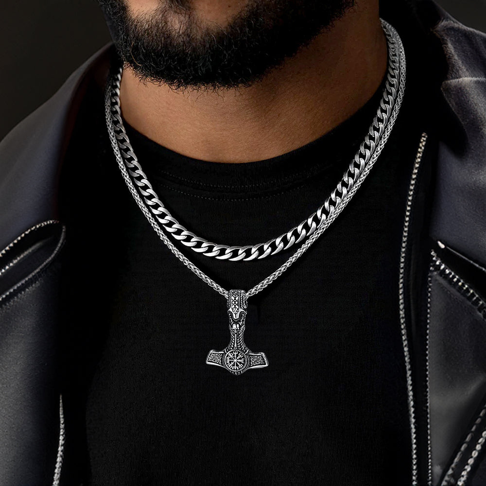 Cuban Curb Chain & Thor's Hammer Layered Necklaces Set for