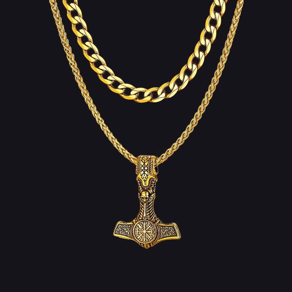 Cuban Curb Chain & Thor's Hammer Layered Necklaces Set for