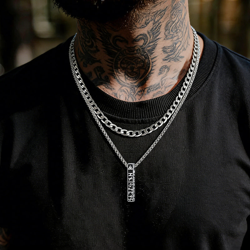 Cuban Chain & Viking Runes Bar Layered Necklaces Set for