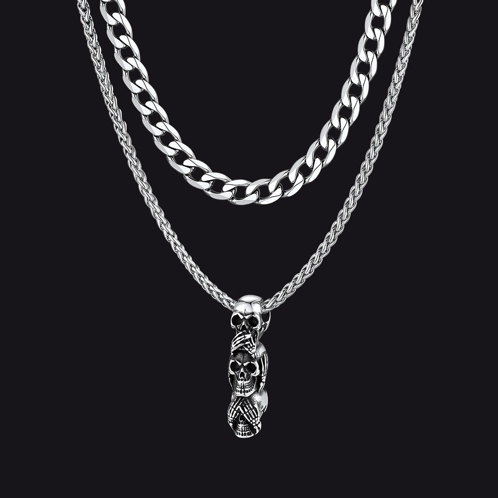Cuban Curb Chain & Skull Layered Necklaces Set for