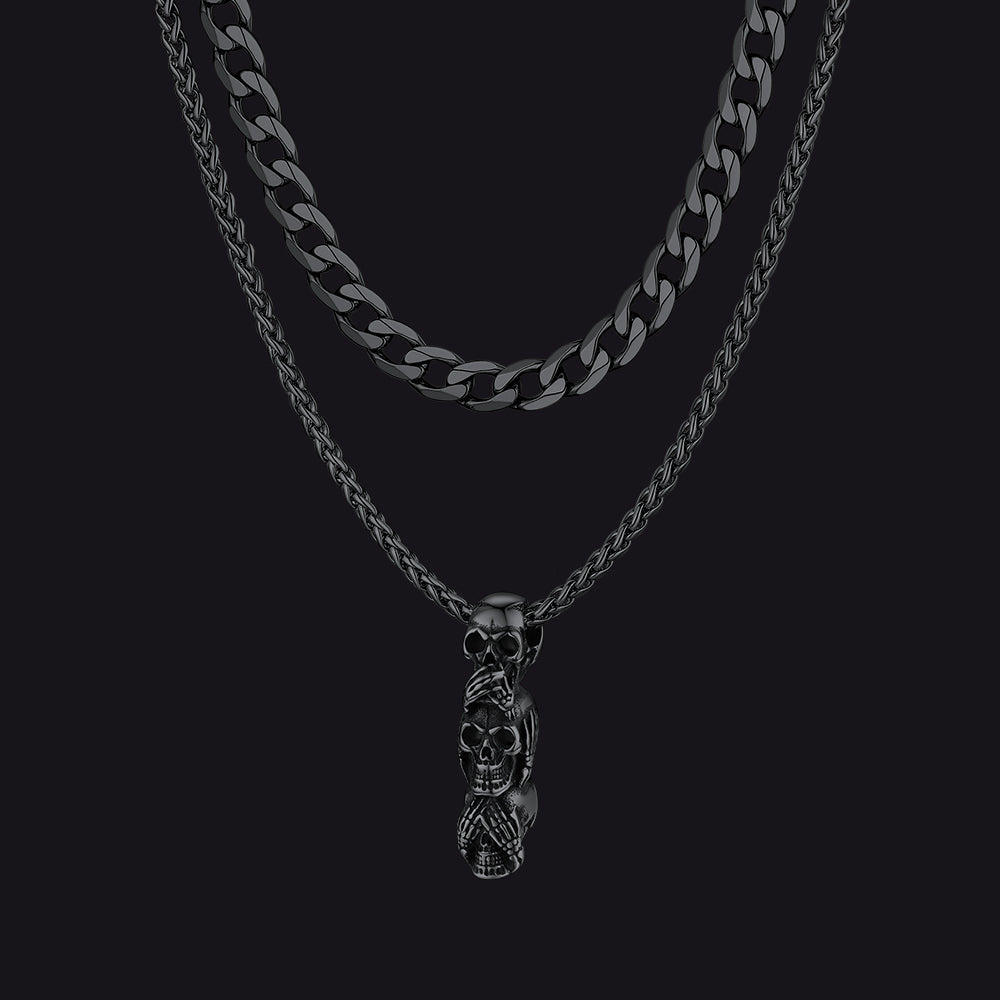 Cuban Curb Chain & Skull Layered Necklaces Set for