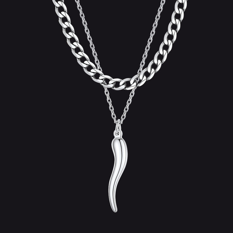 Cuban Chain & Italian Horn Layered Necklaces Set for