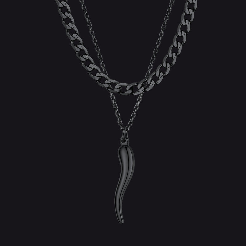 Cuban Chain & Italian Horn Layered Necklaces Set for