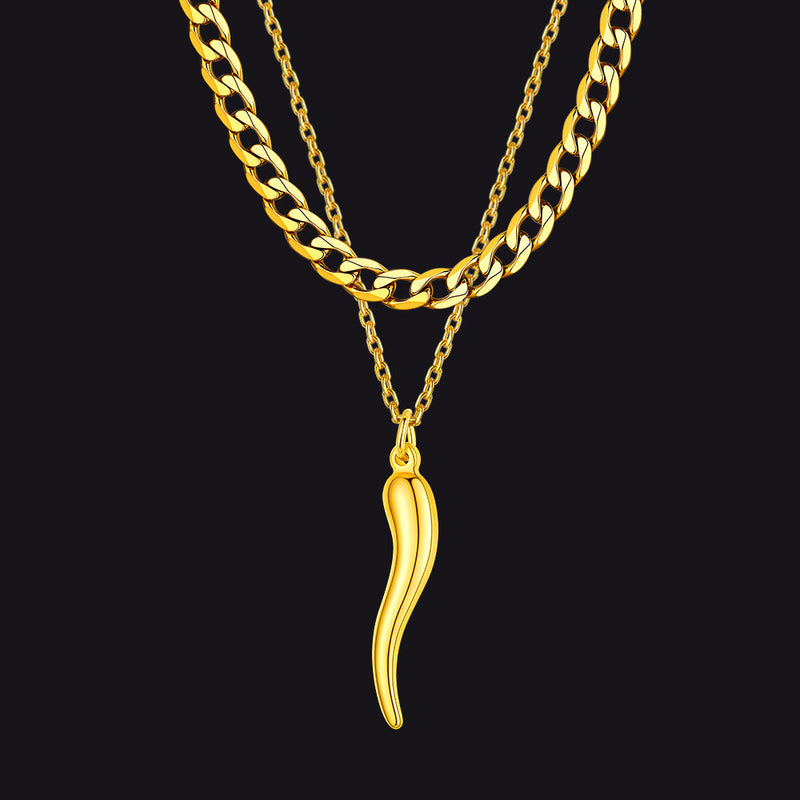 Cuban Chain & Italian Horn Layered Necklaces Set for