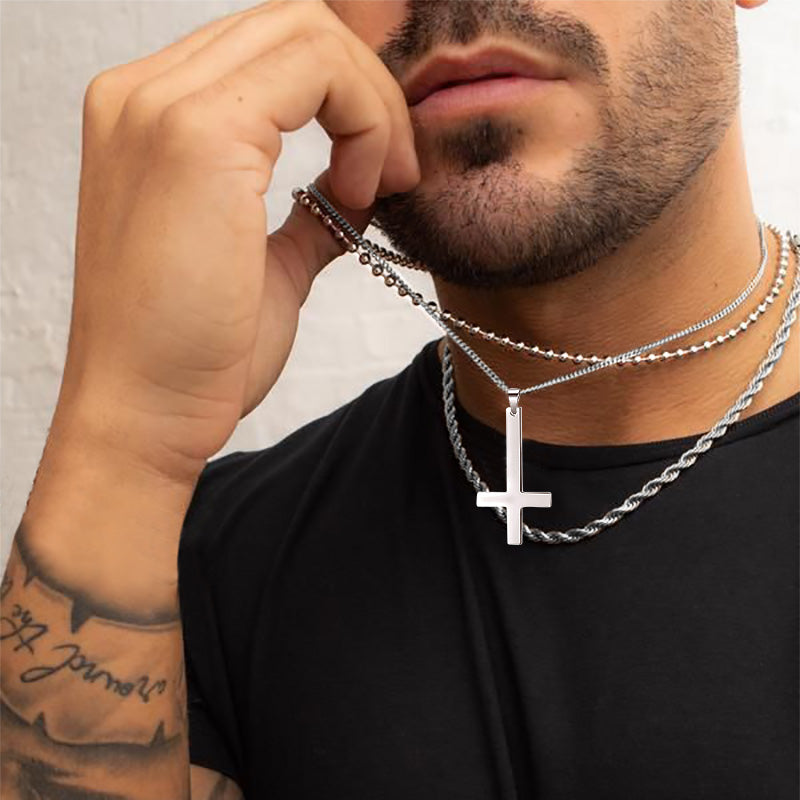 Stainless Steel Inverted Cross Pendant Necklace for