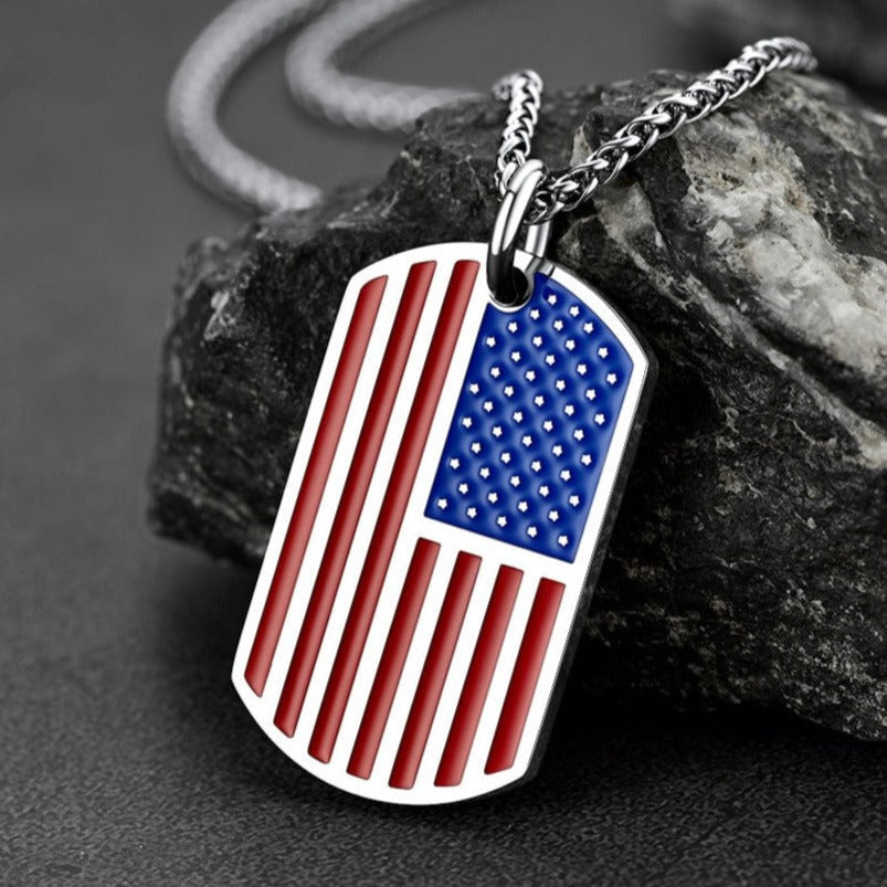 Engraved American Flag Dog Tag Necklace for
