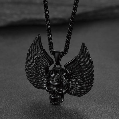 Gothic Flame Winged Skull Pendant Necklace for