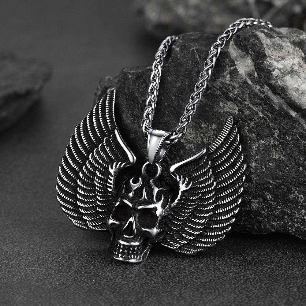Gothic Flame Winged Skull Pendant Necklace for