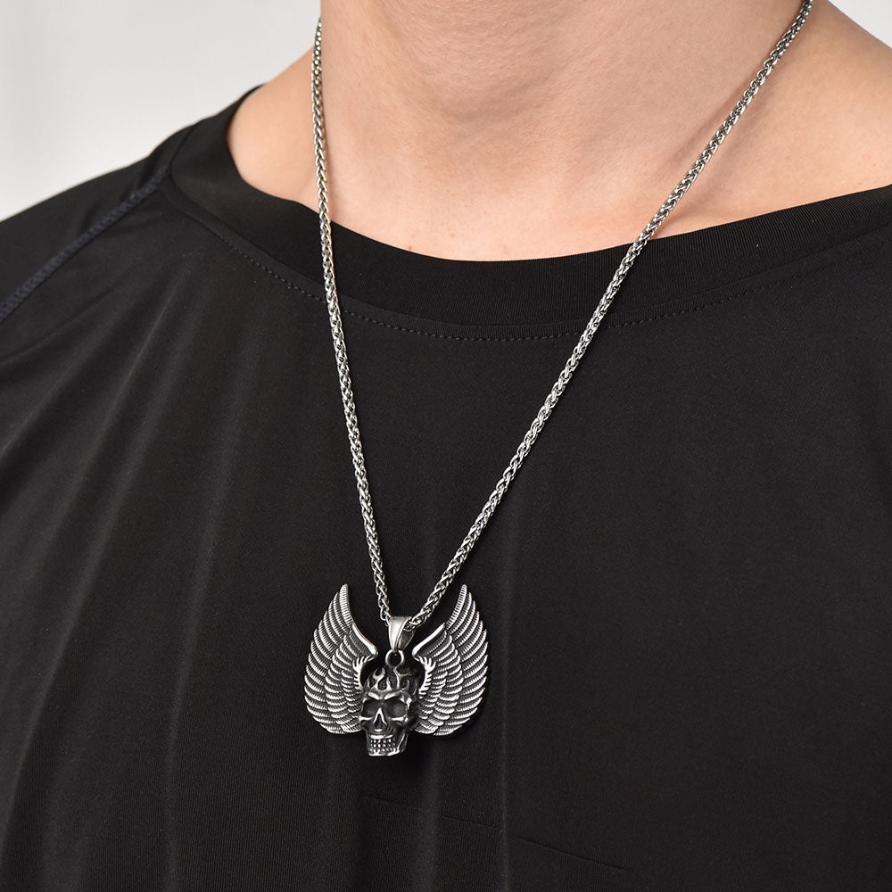 Gothic Flame Winged Skull Pendant Necklace for