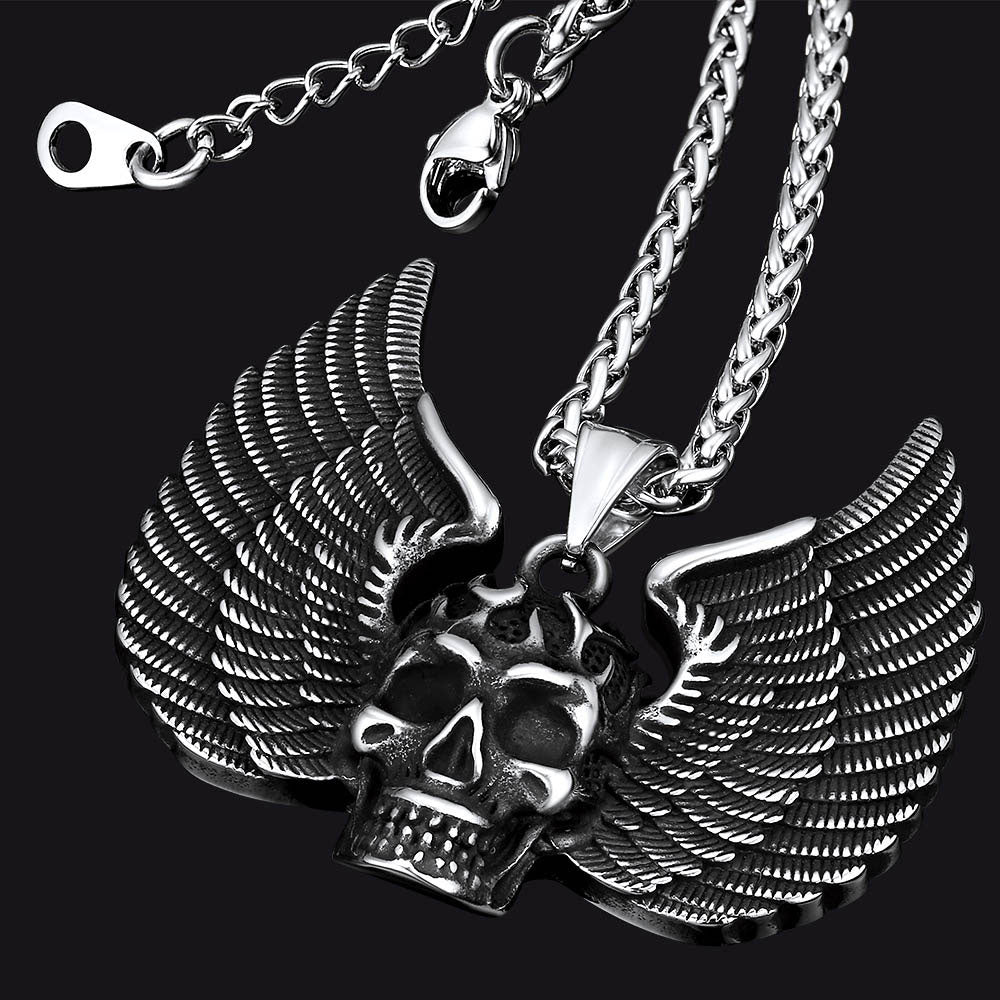 Gothic Flame Winged Skull Pendant Necklace for