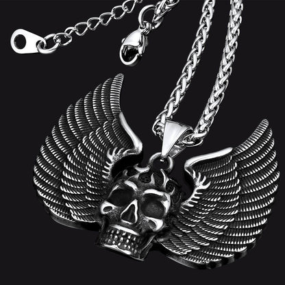 Gothic Flame Winged Skull Pendant Necklace for