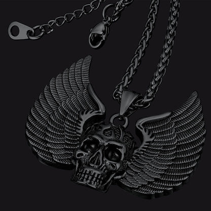 Gothic Flame Winged Skull Pendant Necklace for