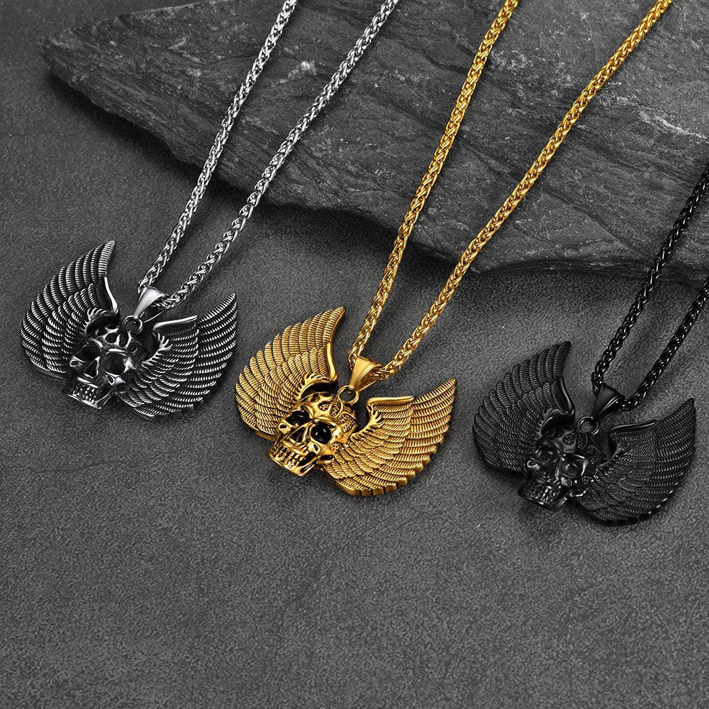 Gothic Flame Winged Skull Pendant Necklace for