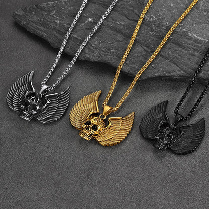 Gothic Flame Winged Skull Pendant Necklace for