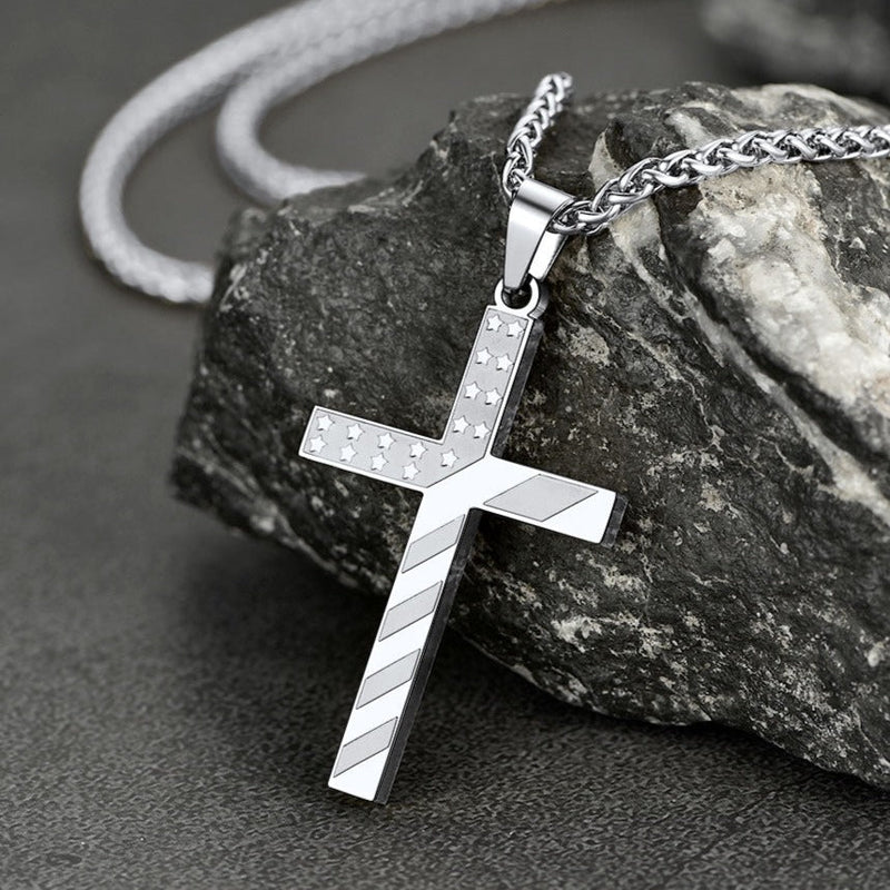 Cuban Chain & American Flag Cross Layered Necklaces Set for