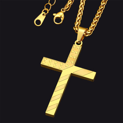 Patriotic American Flag Cross Pendant Necklace for