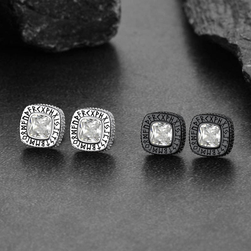 Cushion Cut Diamond Stud Earrings With Viking Runes in Sterling Silver
