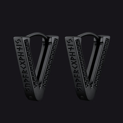 Sterling Silver Viking Triangle Huggie Hoop Earrings With Black Zirconia for
