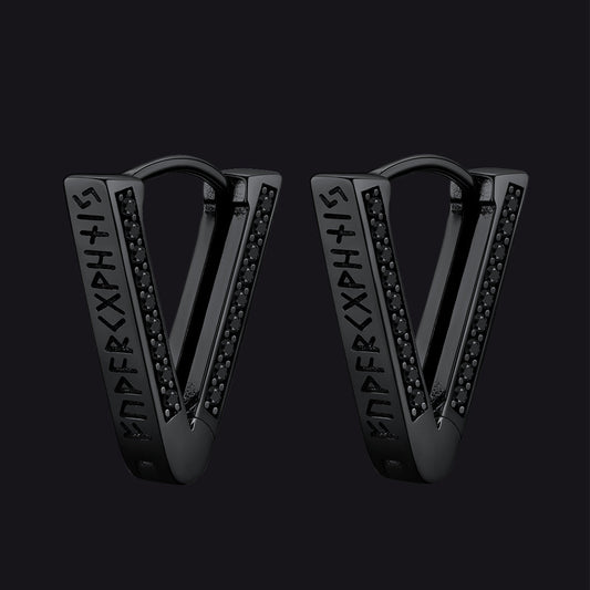 Sterling Silver Viking Triangle Huggie Hoop Earrings With Black Zirconia for