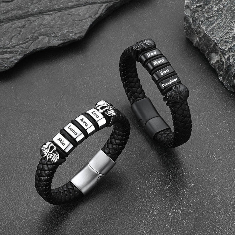 Personalized Name Beads Leather Bracelet With Skull for