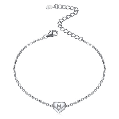 Sterling Silver Dainty Beach Heart Initial Anklet for