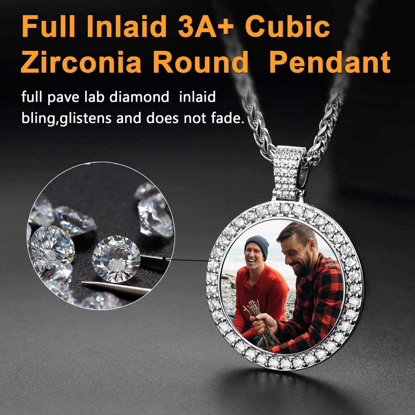 Customized Cz Picture Circle Chain Necklace With Calendar for