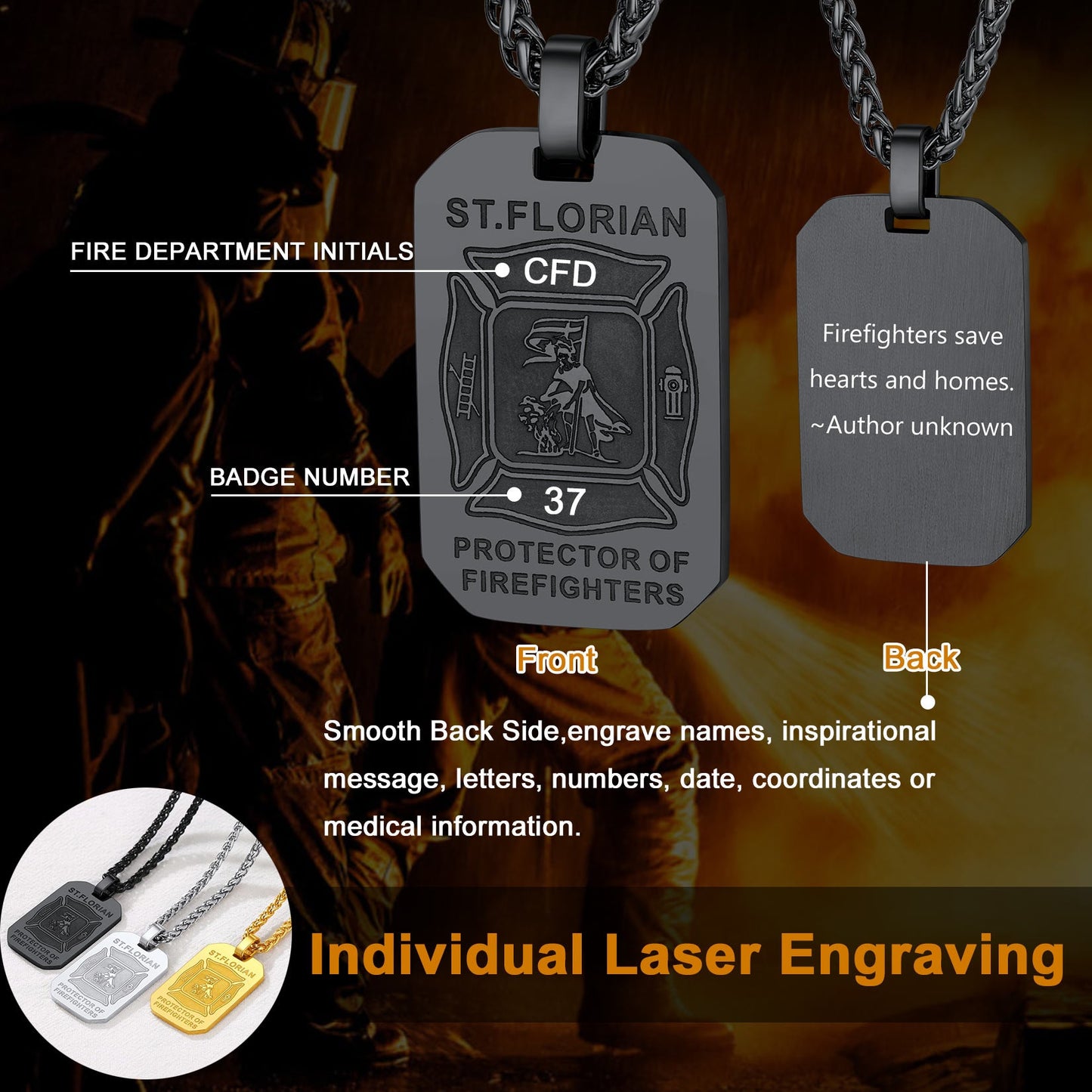 Engraved Saint Florian Firefighter Dog Tag Necklace for Firemen