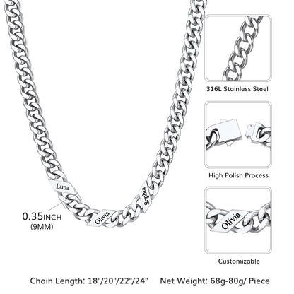 Customized Engraved Name Cuban Link Chain Necklace for , 7/9/12mm Width