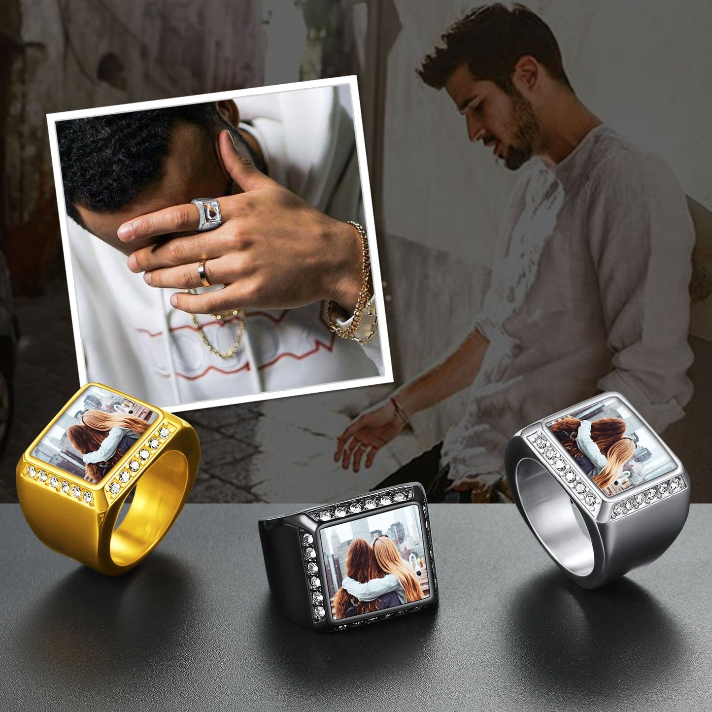 Personalized Photo Name Square Signet Ring Gift for