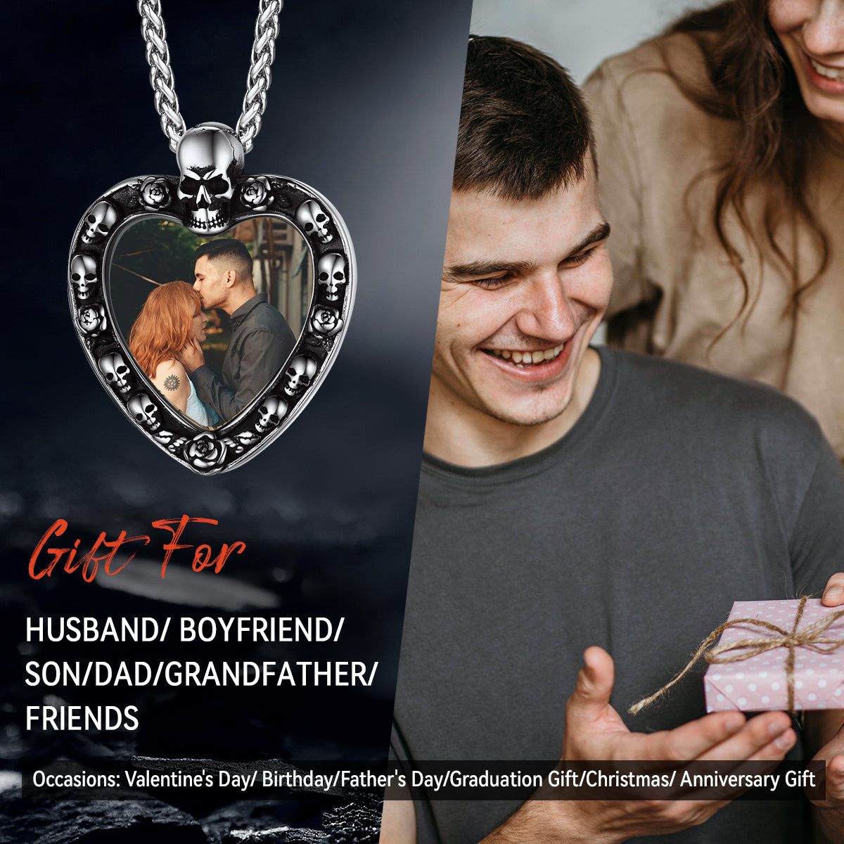 Customized Memorial Heart Photo Necklace With Skull for