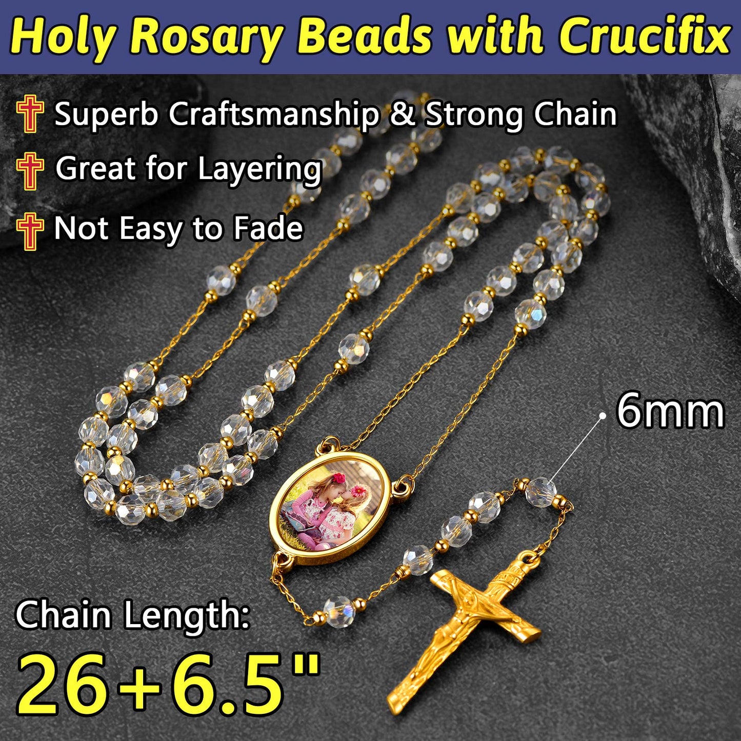 Personalized Photo Rosary Beads Cross Necklace With Picture for