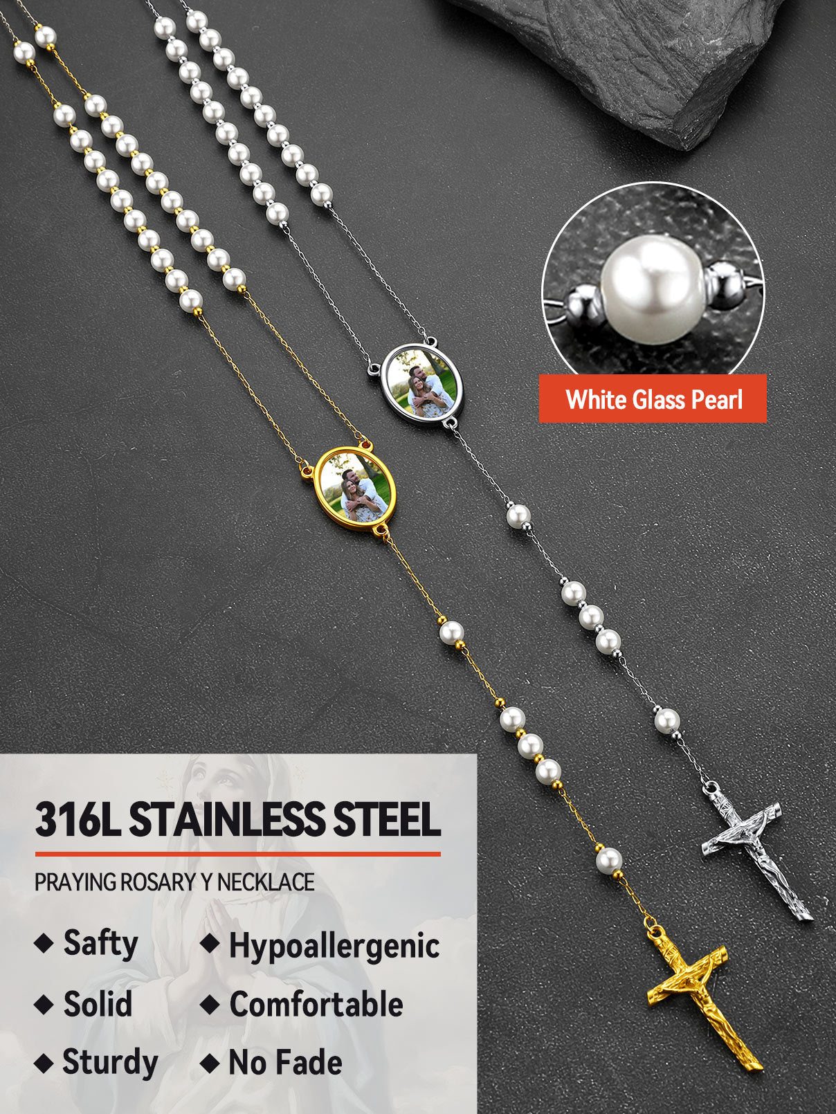 Personalized Picure Rosary Beads Pearl Chain Necklace for