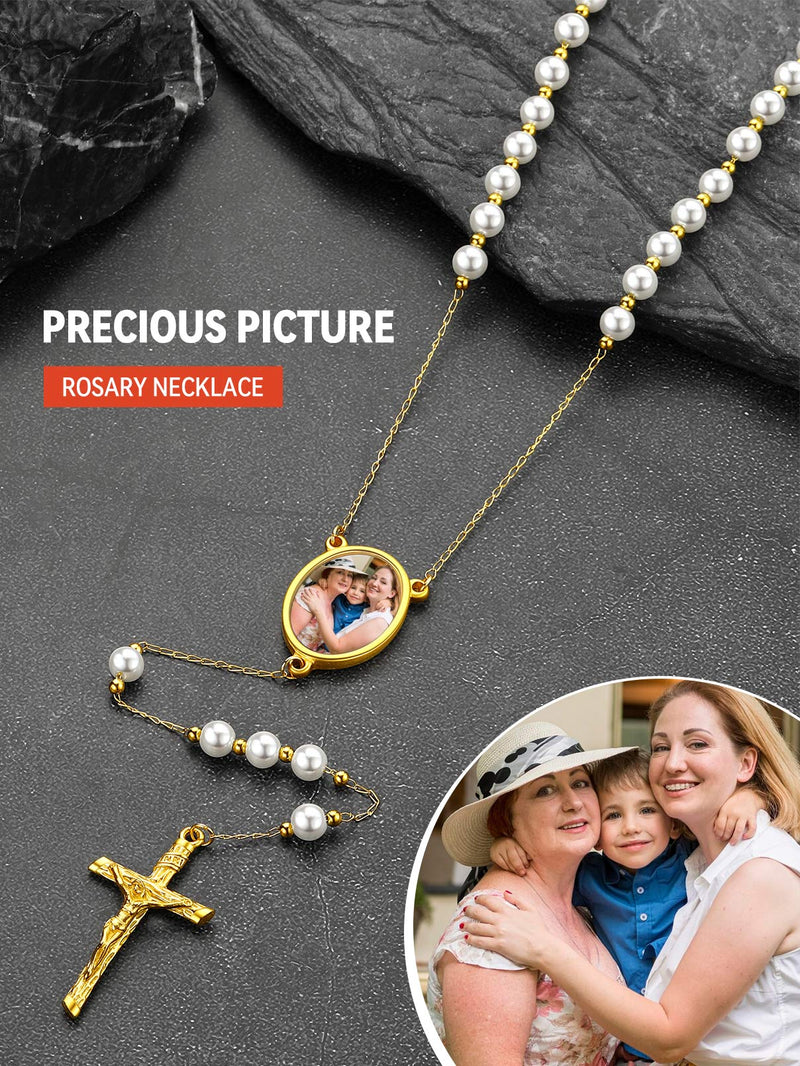 Personalized Picure Rosary Beads Pearl Chain Necklace for