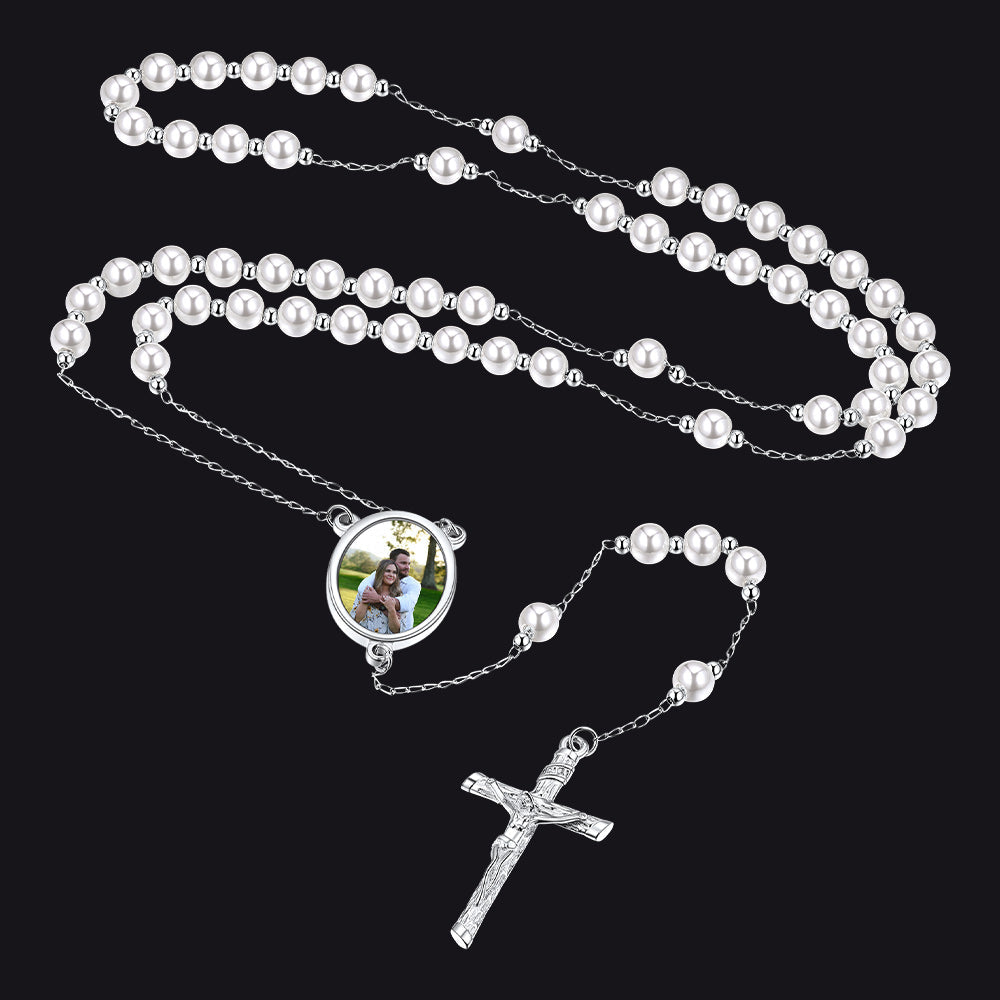 Personalized Picure Rosary Beads Pearl Chain Necklace for