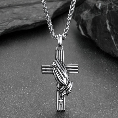 Customized Cross Urn Ashes Necklace With Praying Hands for Memorial Gift