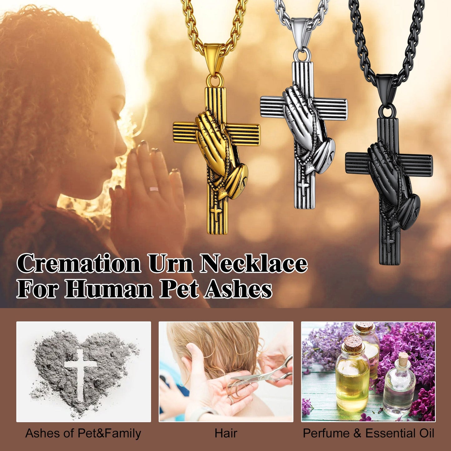 Customized Cross Urn Ashes Necklace With Praying Hands for Memorial Gift