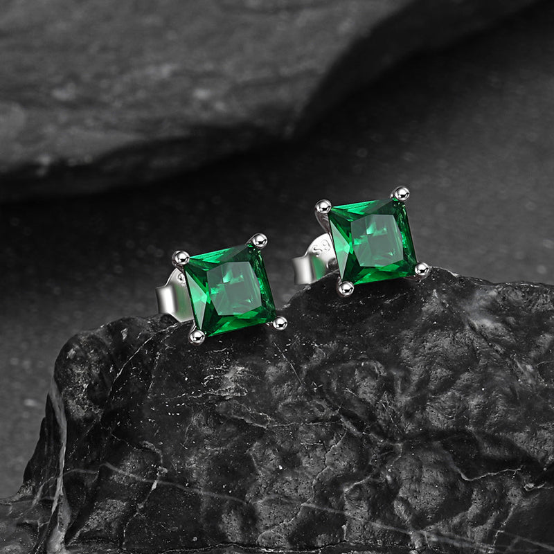 Sterling Silver Princess Cut Birthstone Stud Earrings Gift for Her