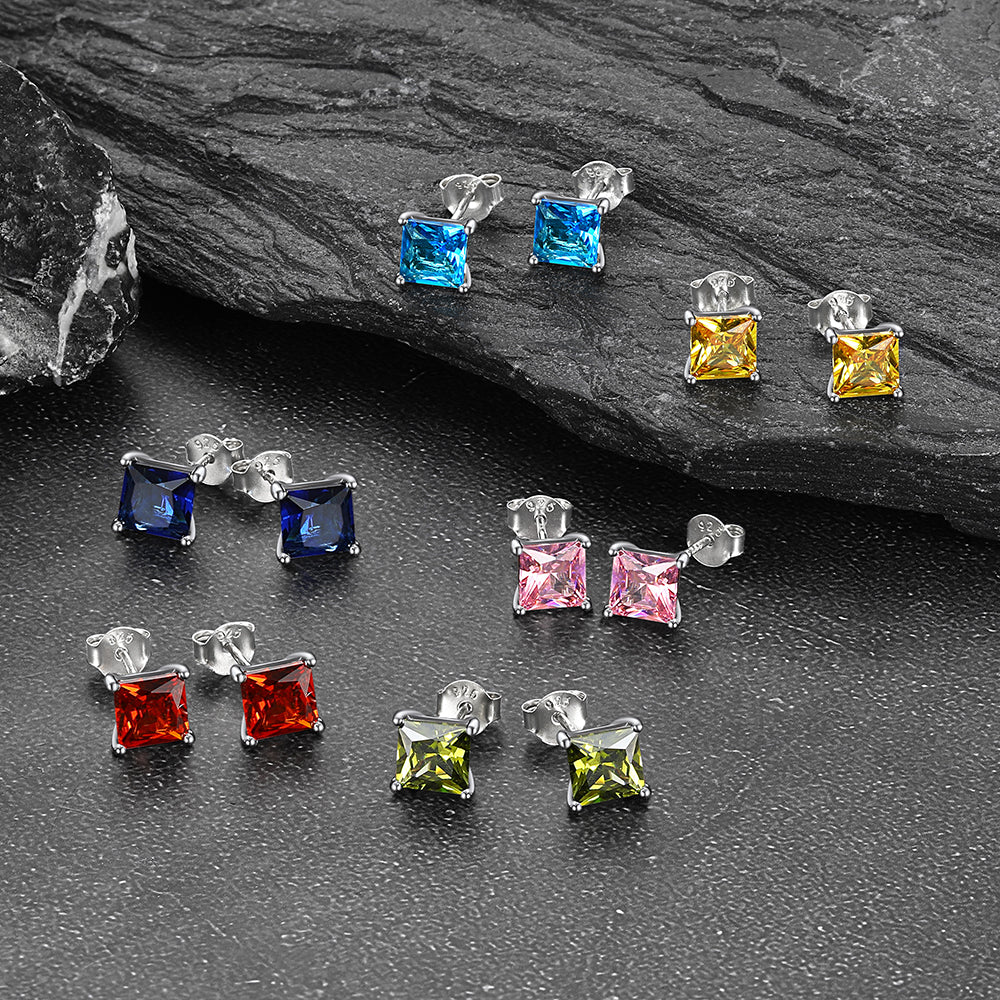 Sterling Silver Princess Cut Birthstone Stud Earrings Gift for Her